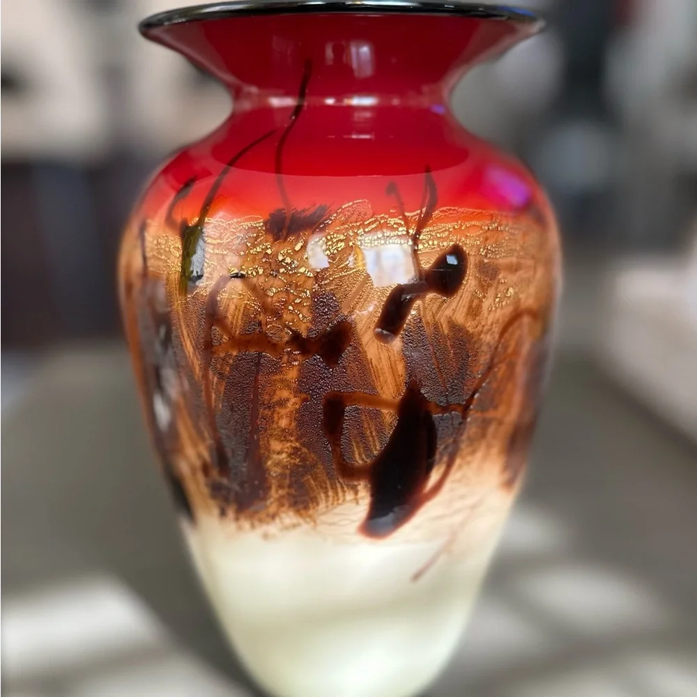 Signed Nourot Studio Art Glass Vase, Hand Blown Sommerso, Red Gold Cream